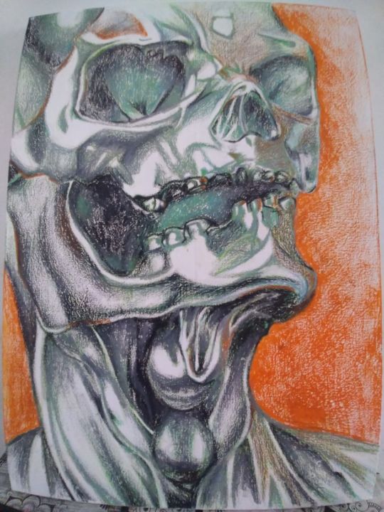 Zeichnungen mit dem Titel "Skull Orange" von Tayna Silva, Original-Kunstwerk, Pastell