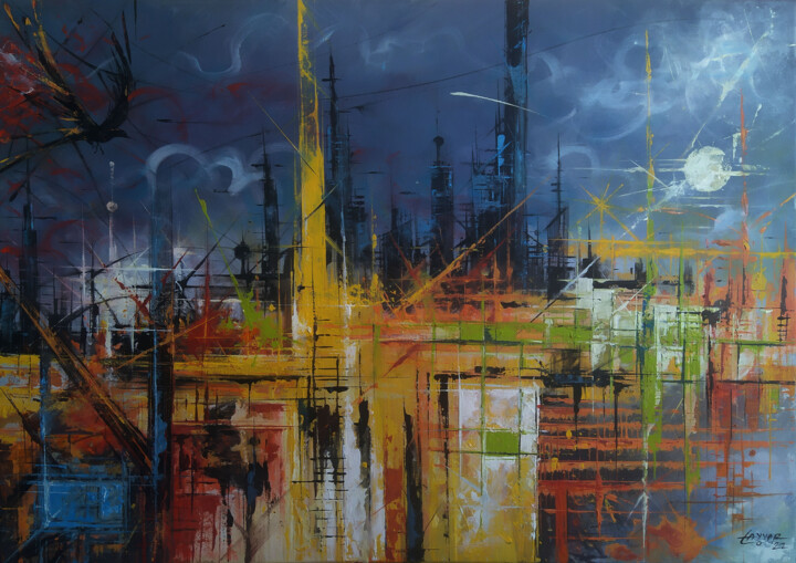 Painting titled "Trip to City" by Tayyar Özkan, Original Artwork, Acrylic