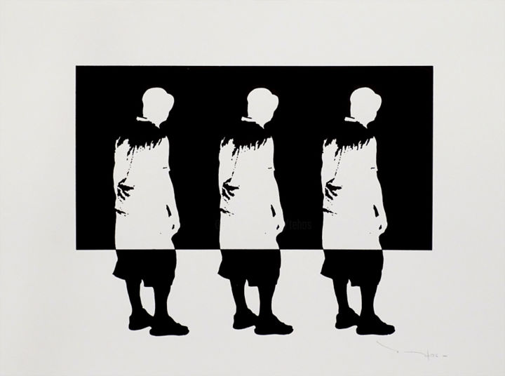 Zeichnungen mit dem Titel "Three men looking a…" von Tehos, Original-Kunstwerk, Tinte