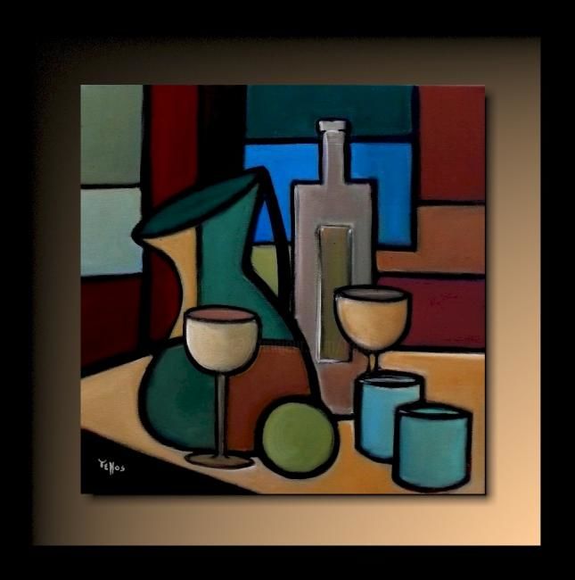 Painting titled "Cruche et bouteille" by Tehos, Original Artwork, Oil