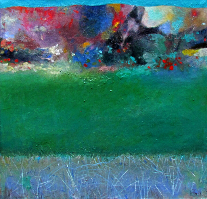 Painting titled "The Green Meadow" by Teimuraz Gagnidze, Original Artwork, Oil