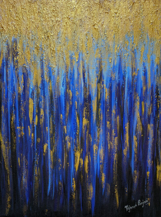 Abstract Texture Painting, Blue And Gold, Painting by Tejaswi Poojari