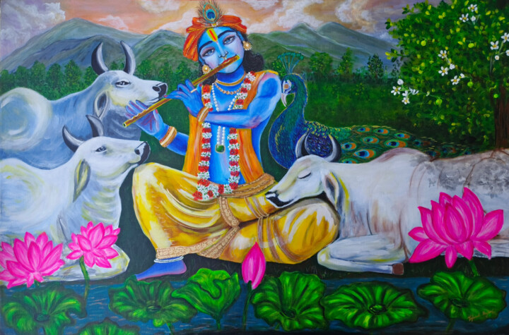 제목이 "Lord Krishna painti…"인 미술작품 Tejaswi Poojari (KOLOR KOVELA)로, 원작, 아크릴 나무 들것 프레임에 장착됨