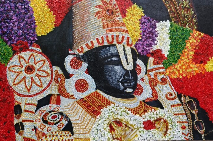 Painting titled "Lord Balaji paintin…" by Tejaswi Poojari (KOLOR KOVELA), Original Artwork, Acrylic Mounted on Wood Stretche…