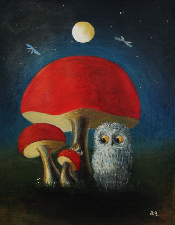 Painting titled "Owl and Snail" by Temur Chumburidze, Original Artwork