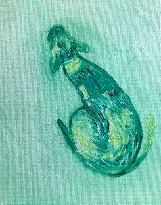 Painting titled "Green Dog" by Liana Chiang, Original Artwork, Oil