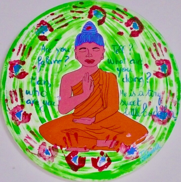 Painting titled "Tiny Little Buddha" by Téoua, Original Artwork, Acrylic Mounted on Wood Stretcher frame