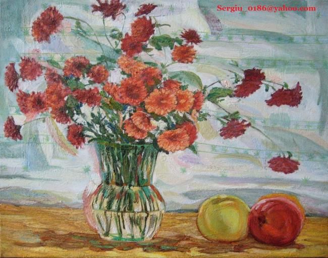 Painting titled "Chrysanthemums" by Tepes, Original Artwork, Oil