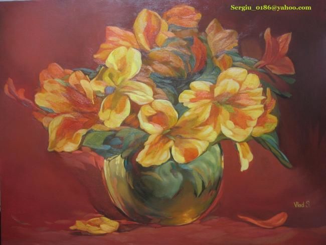 Painting titled "Yellow Flowers" by Tepes, Original Artwork, Oil