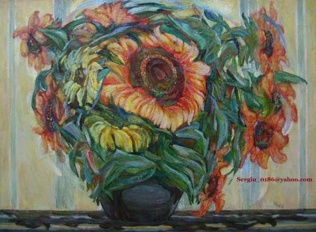 Painting titled "redSunflowers" by Tepes, Original Artwork, Oil