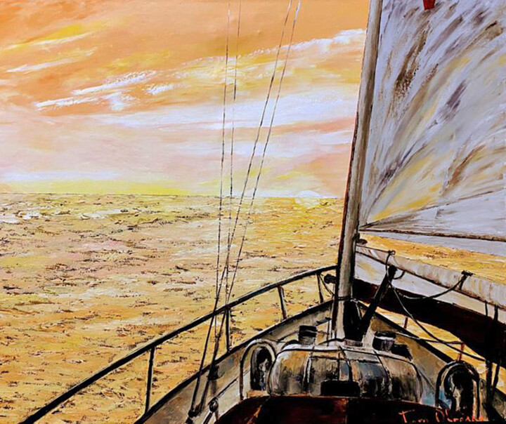 Painting titled "Viajando al Horizon…" by Tere Obregon, Original Artwork, Oil
