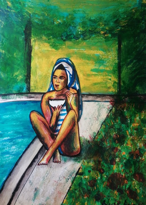 Painting titled "By the pool" by Teresa Lopes, Original Artwork, Acrylic