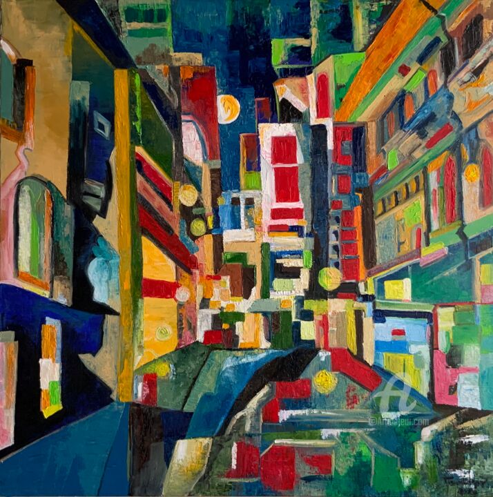 Painting titled "Astratto urbano" by Teresa Volpe, Original Artwork, Oil Mounted on Wood Stretcher frame