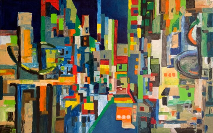 Painting titled "Astratto urbano n.2" by Teresa Volpe, Original Artwork, Oil Mounted on Wood Stretcher frame
