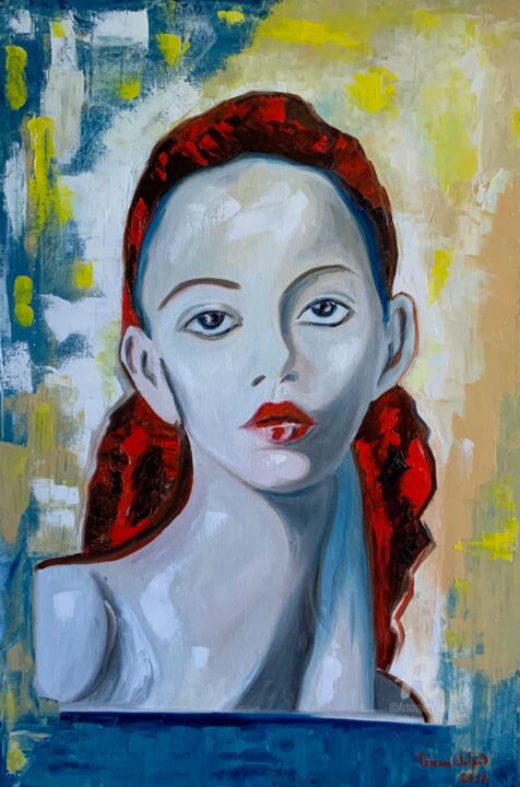 Painting titled "Ritratto" by Teresa Volpe, Original Artwork, Oil Mounted on Wood Stretcher frame