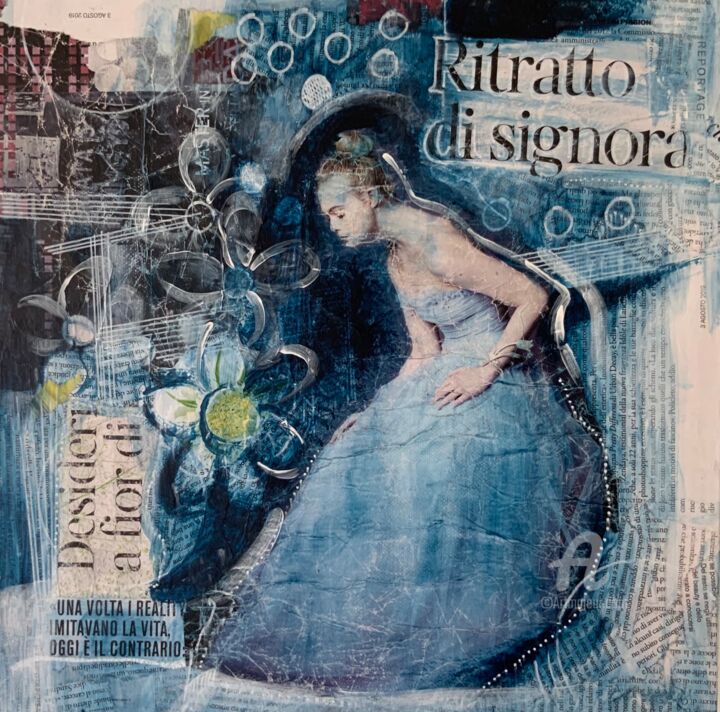 Painting titled "Ritratto di signora" by Teresa Volpe, Original Artwork, Collages Mounted on Wood Stretcher frame