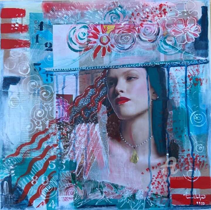 Collages titled "Femme au chapeau" by Teresa Volpe, Original Artwork, Collages Mounted on Wood Stretcher frame