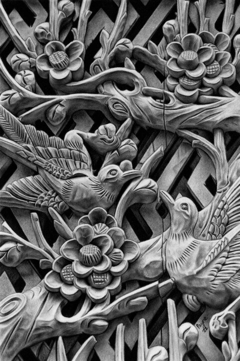 图画 标题为“Bird Carving Drawing” 由Teresa Payne Art, 原创艺术品, 木炭
