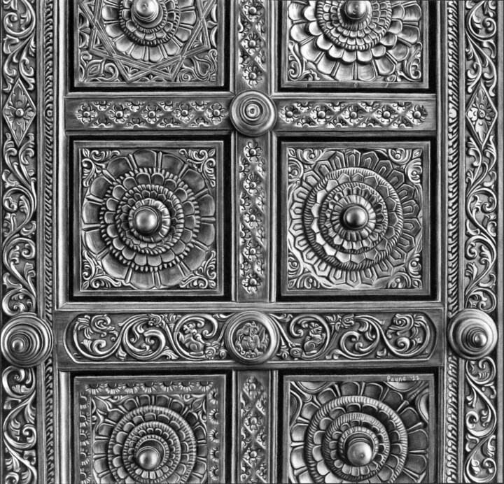 Dibujo titulada "Carved Wooden Door" por Teresa Payne Art, Obra de arte original, Carbón