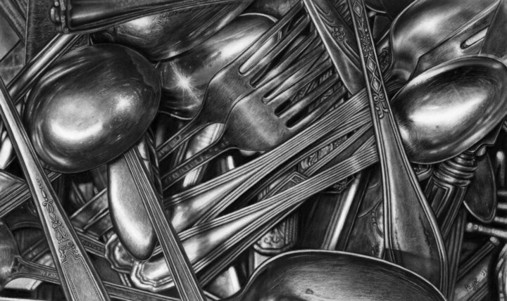 Dessin intitulée "Silverware" par Teresa Payne Art, Œuvre d'art originale, Fusain