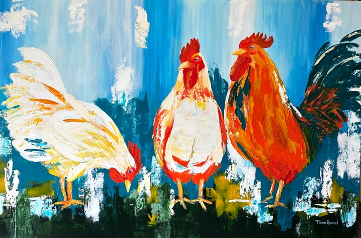 Peinture intitulée "Colorful chickens" par Teresinha Van Bavel, Œuvre d'art originale, Acrylique