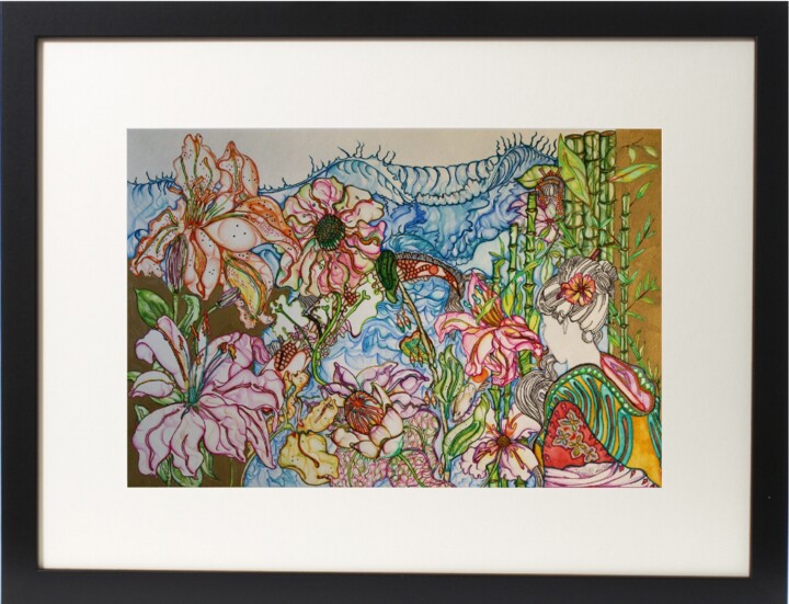 Schilderij getiteld "Geisha Girl Garden" door Terry Cornelius, Origineel Kunstwerk, Aquarel
