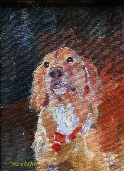 Toni - Painting, 6x8 in ©2012 by Terry Oakes Bourret -
Figurative Art, Toni looking wistfully for a dog bone