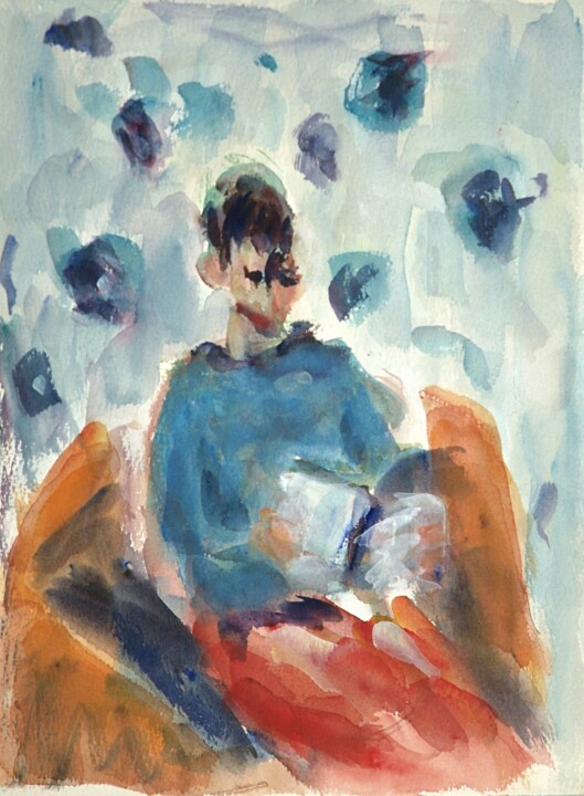 Pintura titulada "A young woman readi…" por Terushige Matsumoto, Obra de arte original, Acuarela