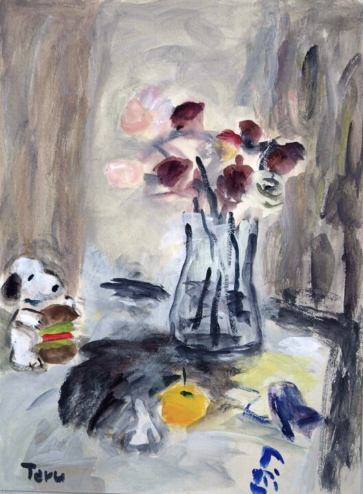 Schilderij getiteld "Snoopy and rose" door Terushige Matsumoto, Origineel Kunstwerk, Acryl