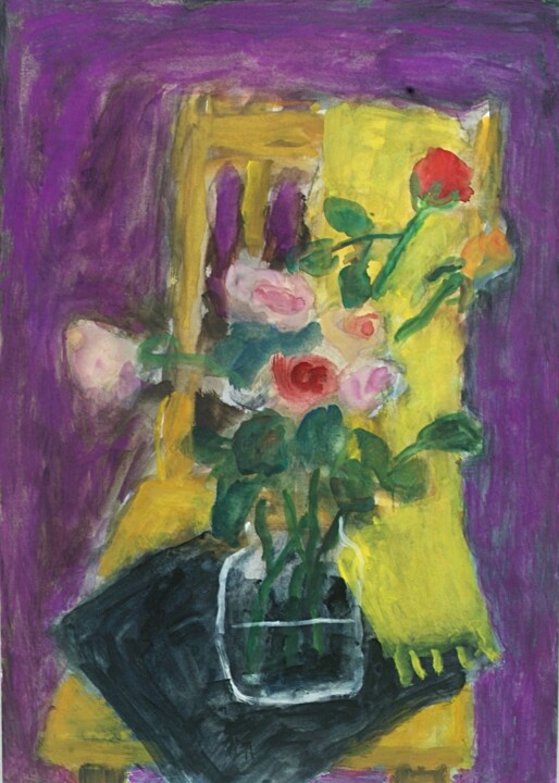 Painting titled "Roses on a chair" by Terushige Matsumoto, Original Artwork, Gouache