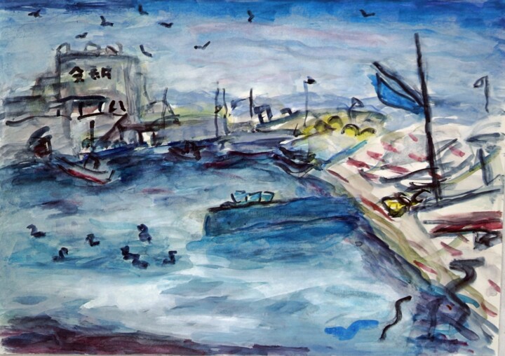 Malerei mit dem Titel "A fishing port with…" von Terushige Matsumoto, Original-Kunstwerk, Aquarell
