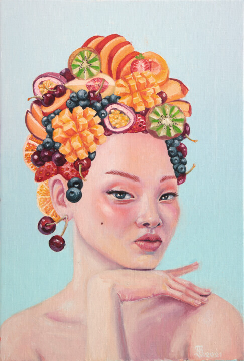 Painting titled "Juicy Fruit" by Tetiana Bogdanova, Original Artwork, Oil Mounted on Wood Stretcher frame