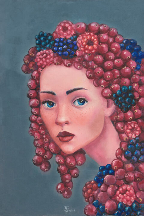 Painting titled "Wild Berry" by Tetiana Bogdanova, Original Artwork, Oil Mounted on Wood Stretcher frame