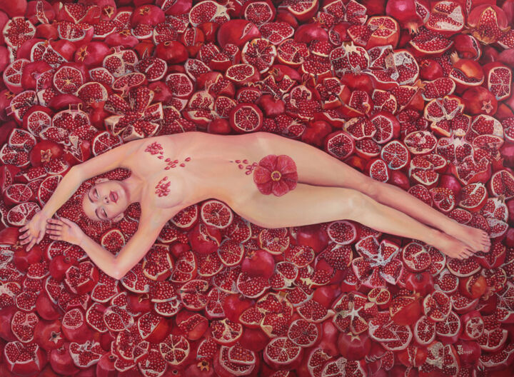 Peinture intitulée "Pomegranate flower" par Tetiana Bogdanova, Œuvre d'art originale, Huile Monté sur Châssis en bois