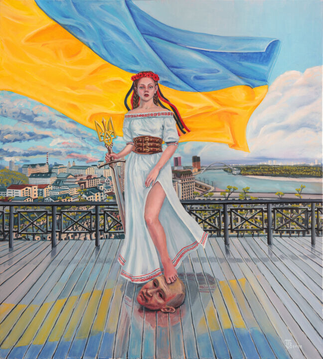 Painting titled "Free Ukraine" by Tetiana Bogdanova, Original Artwork, Oil Mounted on Wood Stretcher frame