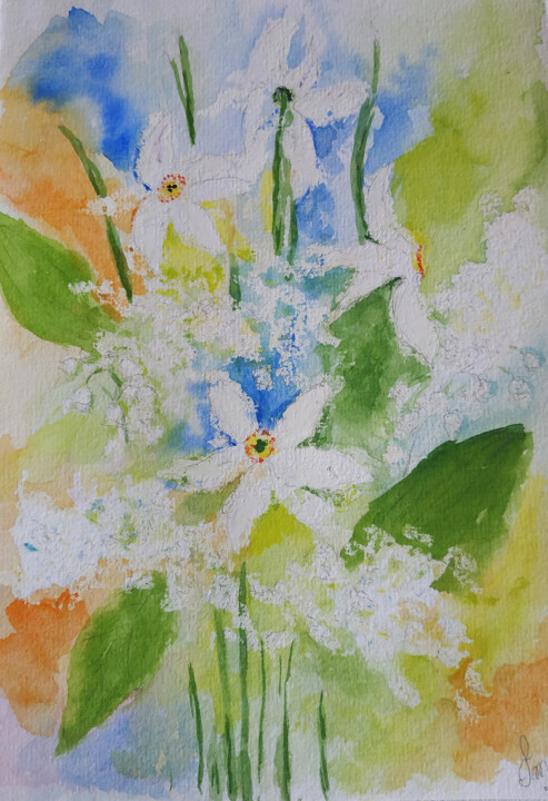 Картина под названием "Daffodils" - Тетяна Гладиш, Подлинное произведение искусства, Акварель