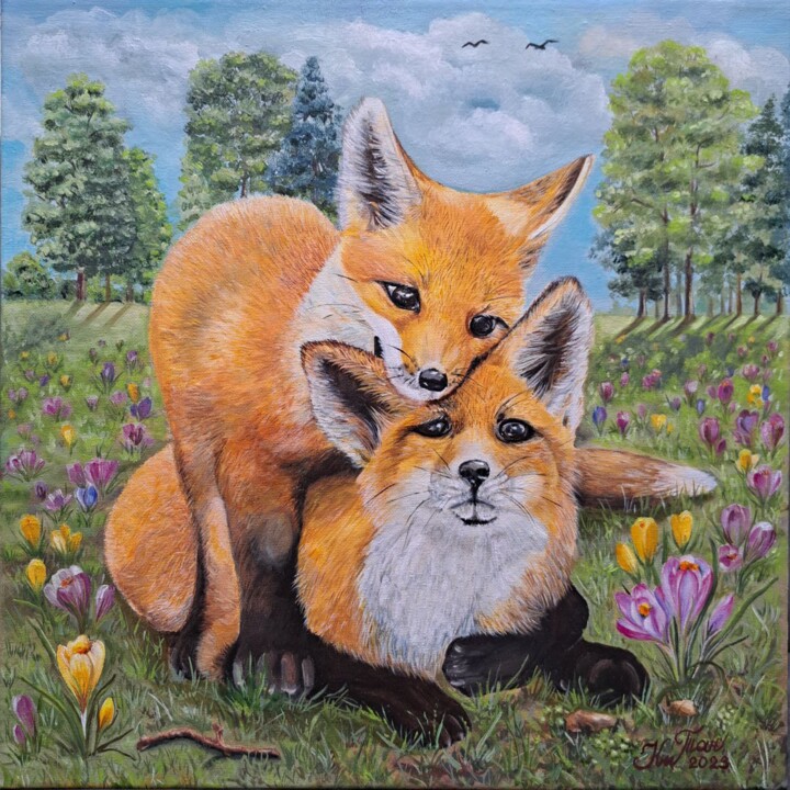 Painting titled "Fox cubs" by Tetiana Kiiashko, Original Artwork, Oil