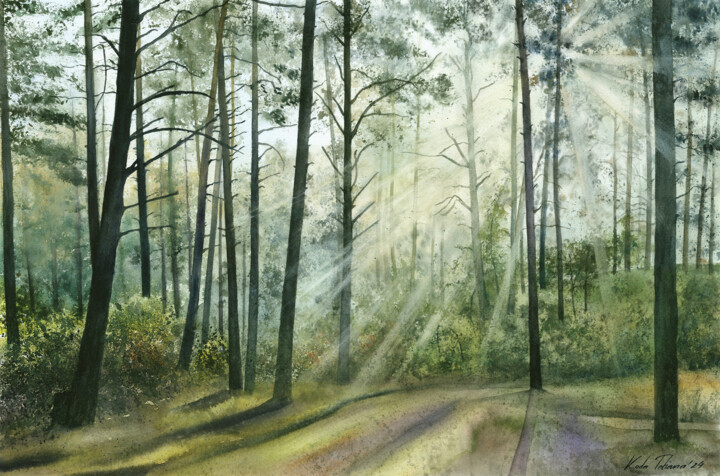 Painting titled "Morning In The Fore…" by Tetiana Koda, Original Artwork, Watercolor