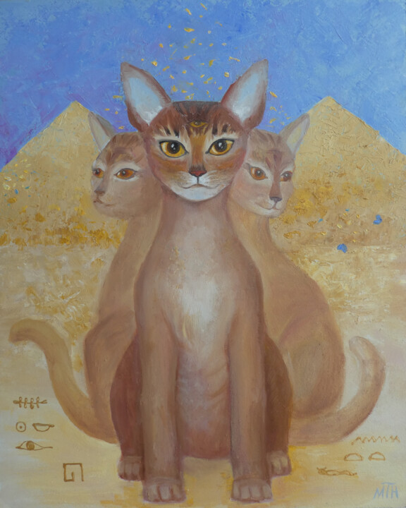 Painting titled "Egyptian cats" by Tetiana Kosenko, Original Artwork, Oil Mounted on Other rigid panel