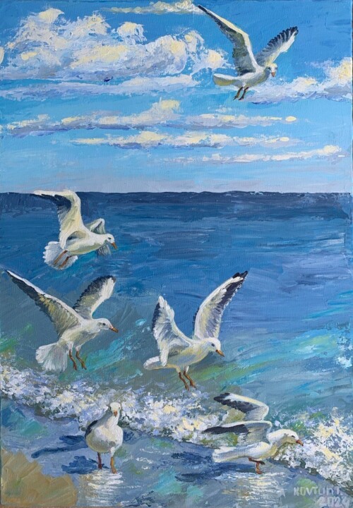 "Jolly gulls" başlıklı Tablo Tetiana Kovtun tarafından, Orijinal sanat, Akrilik Ahşap Sedye çerçevesi üzerine monte edilmiş