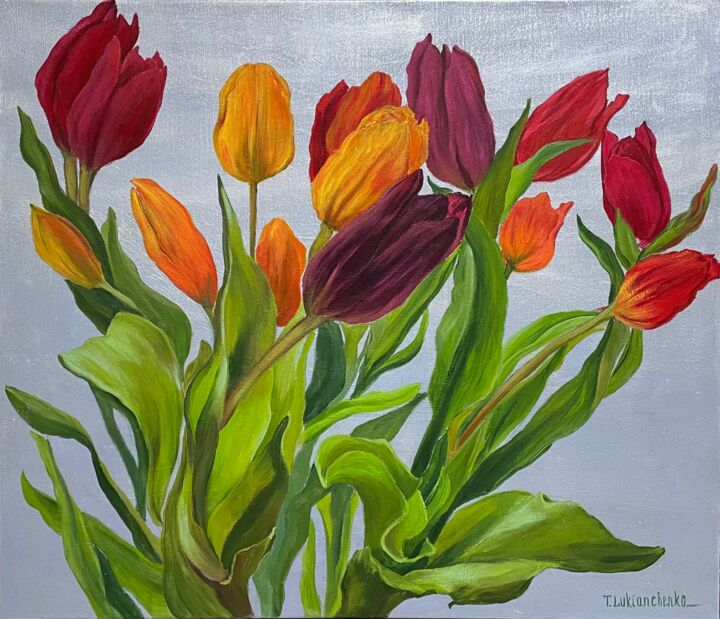 Картина под названием "Tulip garden" - Tetiana Lukianchenko, Подлинное произведение искусства, Акрил