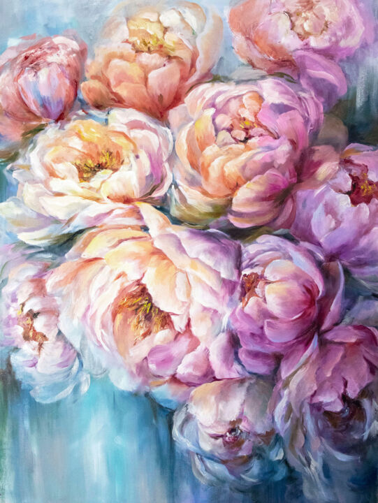 Painting titled "Delicate pink peoni…" by Tetiana Masliuk, Original Artwork, Oil