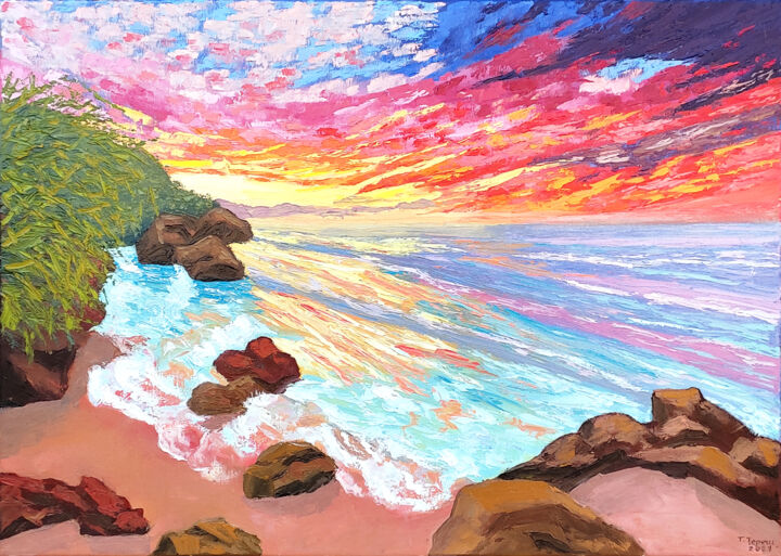 Painting titled "A surf at sunset" by Tetiana Teresh, Original Artwork, Oil