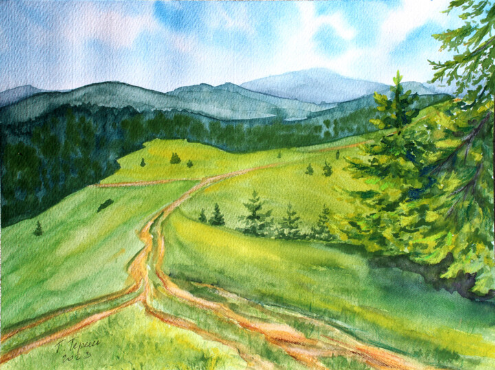 Painting titled ""A road along the m…" by Tetiana Teresh, Original Artwork, Watercolor