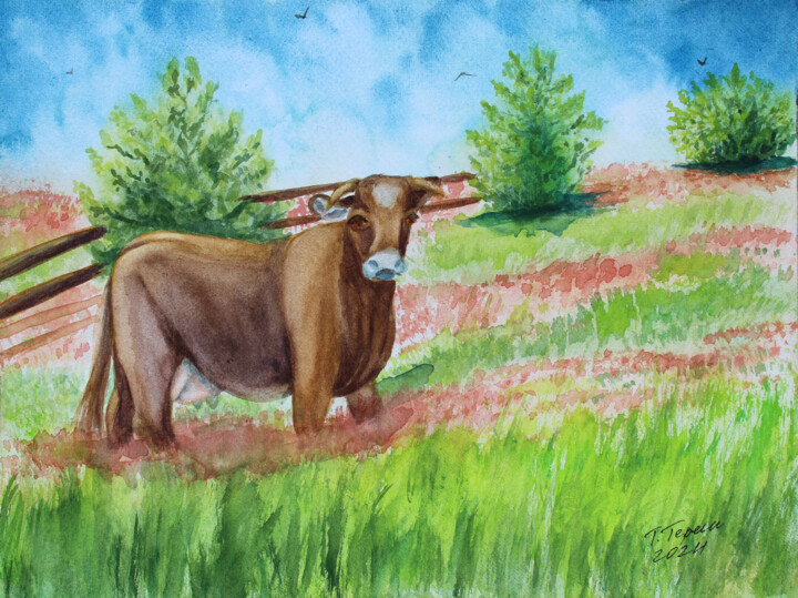 Painting titled ""A cow"" by Tetiana Teresh, Original Artwork, Watercolor