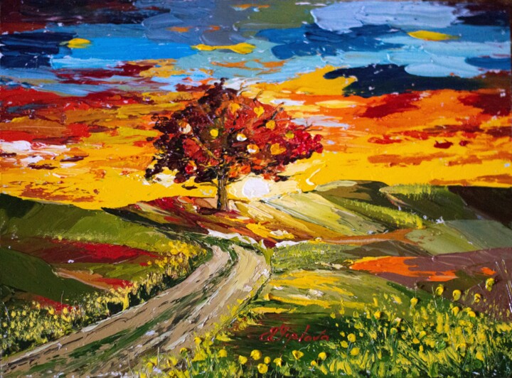 Painting titled ""TREE BY THE ROAD".…" by Tetiana Tiplova, Original Artwork, Oil