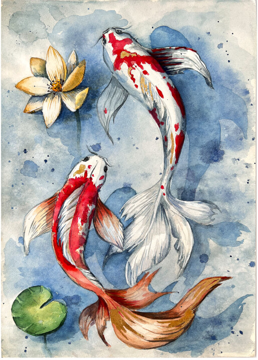 Painting titled "Goldfish in the pond" by Tetiana Zelinska, Original Artwork, Watercolor