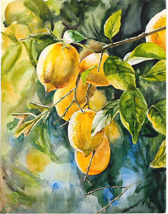 Painting titled "Lemon branch" by Tetiana Zelinska, Original Artwork, Watercolor