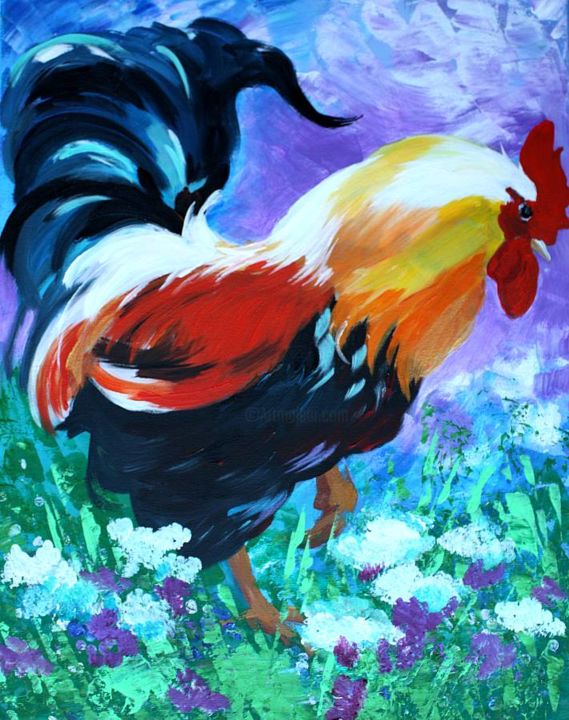 Painting titled "Rooster" by Tetiana Gorbachenko, Original Artwork, Oil