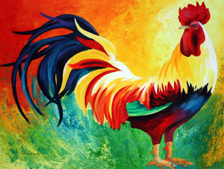 Schilderij getiteld "Rooster" door Tetiana Gorbachenko, Origineel Kunstwerk, Acryl